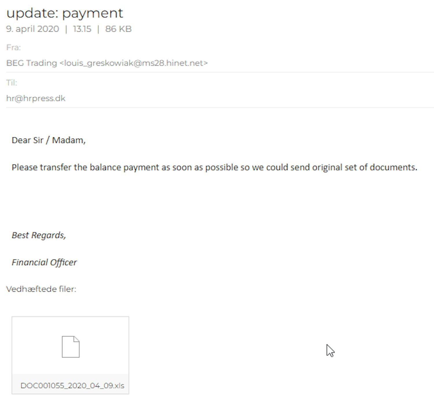 Bedrägeriförsök: Här är ett typiskt exempel på ett bedrägerimejl.